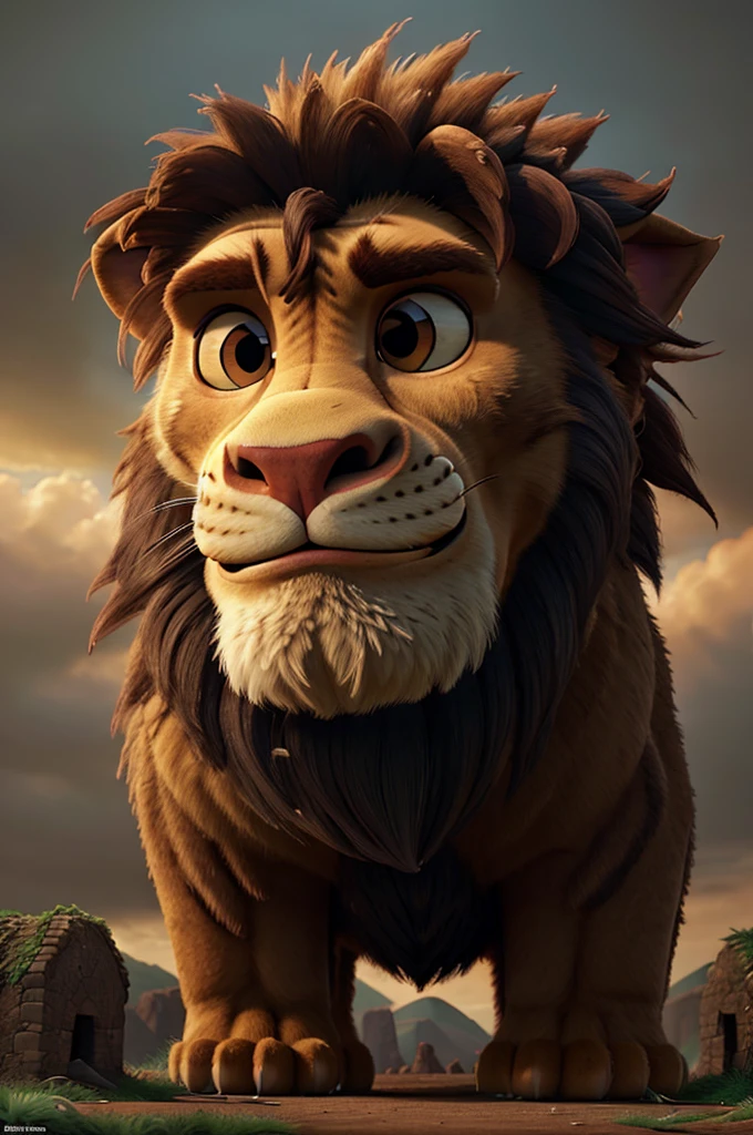 a giant barbarian lion, muscular humanoid lion creature, dramatic lighting, beanstalk vines, medieval fantasy, dark moody atmosphere, cinematic composition, highly detailed, 8k, photorealistic, masterpiece