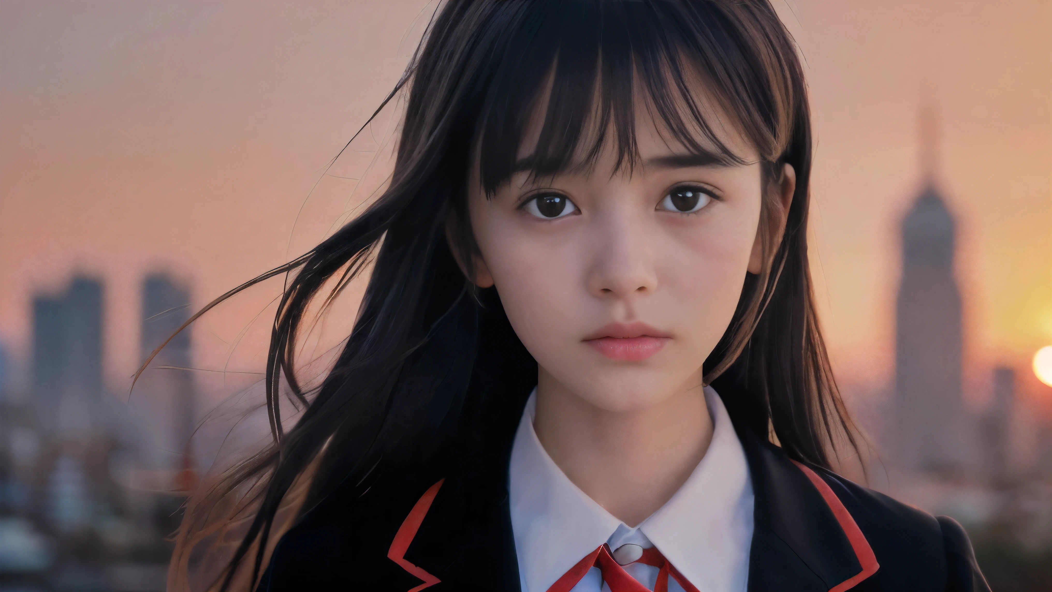 (Close up face shot of one slender small breasts two side up black medium hair bangs girl crying with tears on her face in long sleeves black school uniform:1.5)、(One girl is turn around at sunset red sky with her face is reflected sunset light and her hair is blowing in long sleeves black school uniform:1.5)、(Beautiful red sunset sky at skyscraper city landscape:1.5)、(8k ultra detailed master piece:1.5)、(perfect anatomy:1.5)、(Photorealistic stick:1.5)、(Raw photo:1.3)、(highest quality:1.5)、(High resolution:1.3)、(Delicate and beautiful perfect face:1.3)、(Delicate and beautiful eye air skin:1.3)、(Real Human Skin:1.3)、((thin legs))