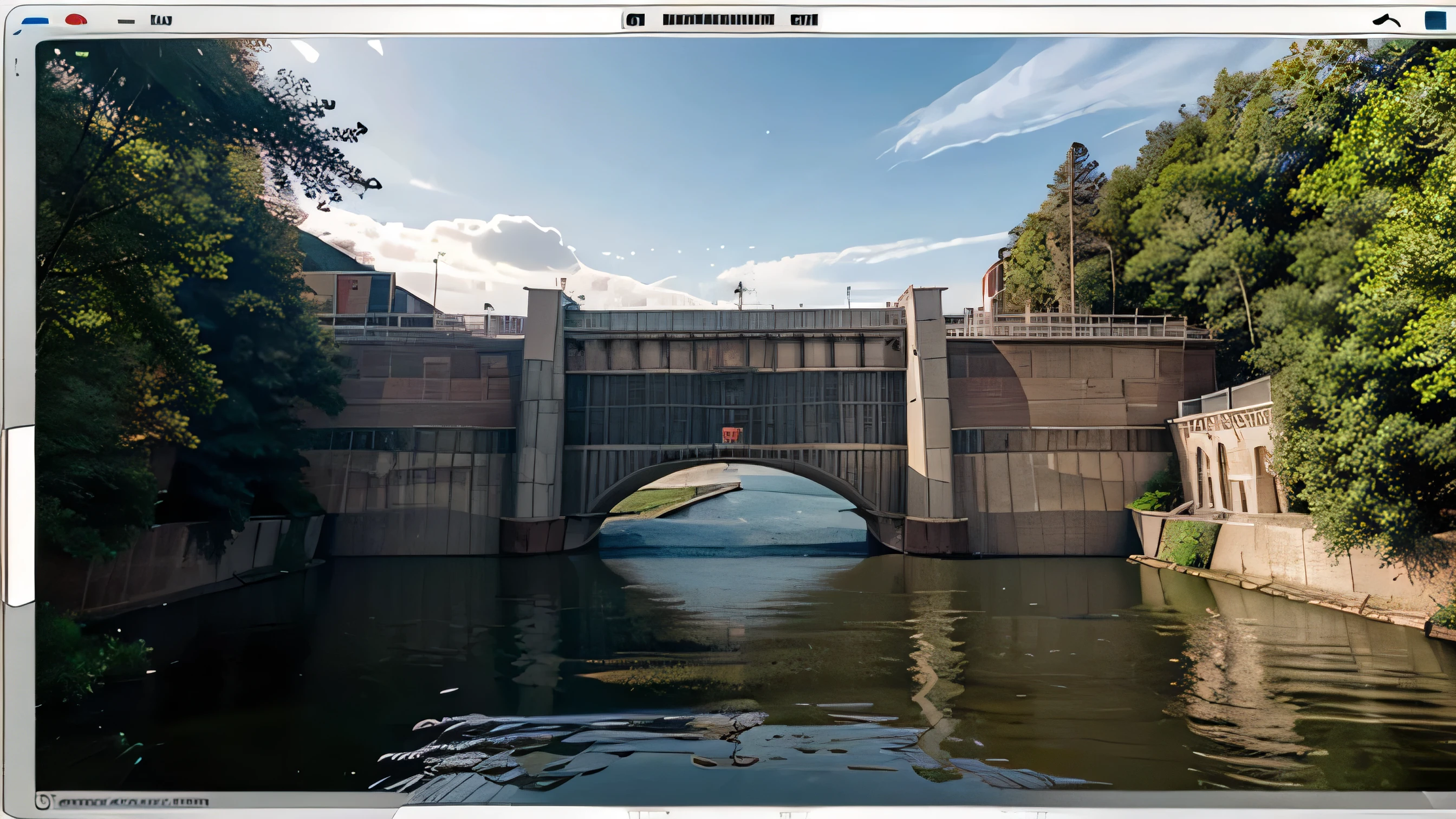 Draw a dam interception interface，There is an interception gate in the middle of the dam，Make the picture more detailed，Reduce bias errors，There are buildings on both sides of the dam.，Plus building