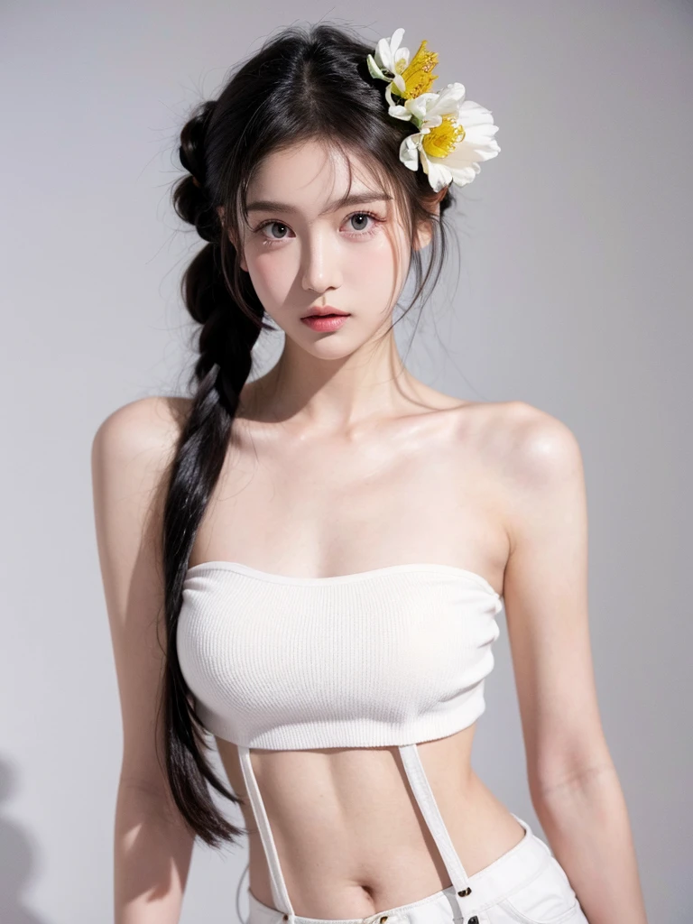 masterpiece,Best picture quality,Extreme details,Ultra-high resolution,Ultra-high definition,Beautiful young people,Glowing skin,thin,Black Hair,Half bun,1,big eyes,beautiful eyes,Lipstick,Exquisite facial features,Medium shot,Looking at the viewer, Tube Top Suspenders,Single tone background,White background,Soft light,Wear flowers on your head