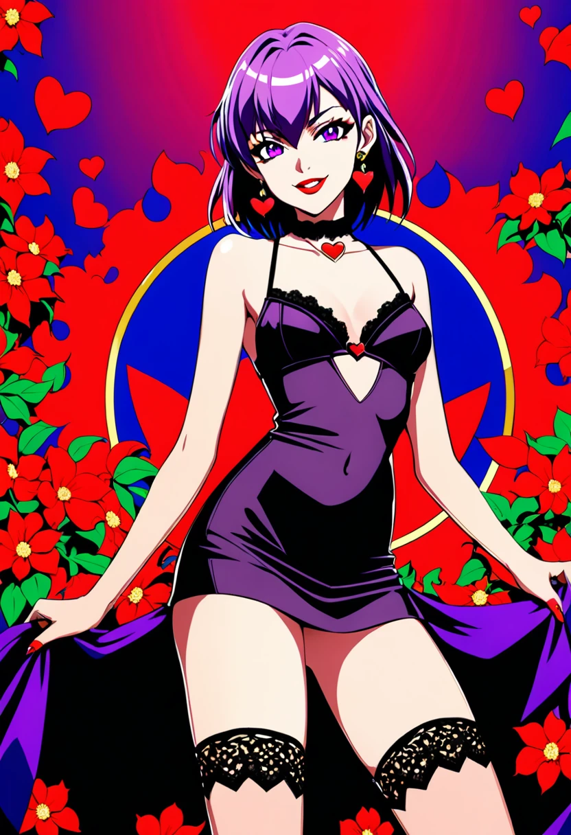 (anime, masterpiece) intricate, summer sea aestetic background, comics_darkstalkers_morrigan_aensland, 1girl, Slender hips, slim stomach, thin waist, sexy posing, aesthetically pleasing view, looking at viewer, medium breasts, slim body, violet hair, violet eyes, skimpy black silk dress, long hair, black garter stockings, symmetrical stocking size, very short mini skirt, lingerie, heart shaped earrings, girly decorations, solo, flowers, modest smile, bright red lipstick, painted nails (red), from Dutch angle