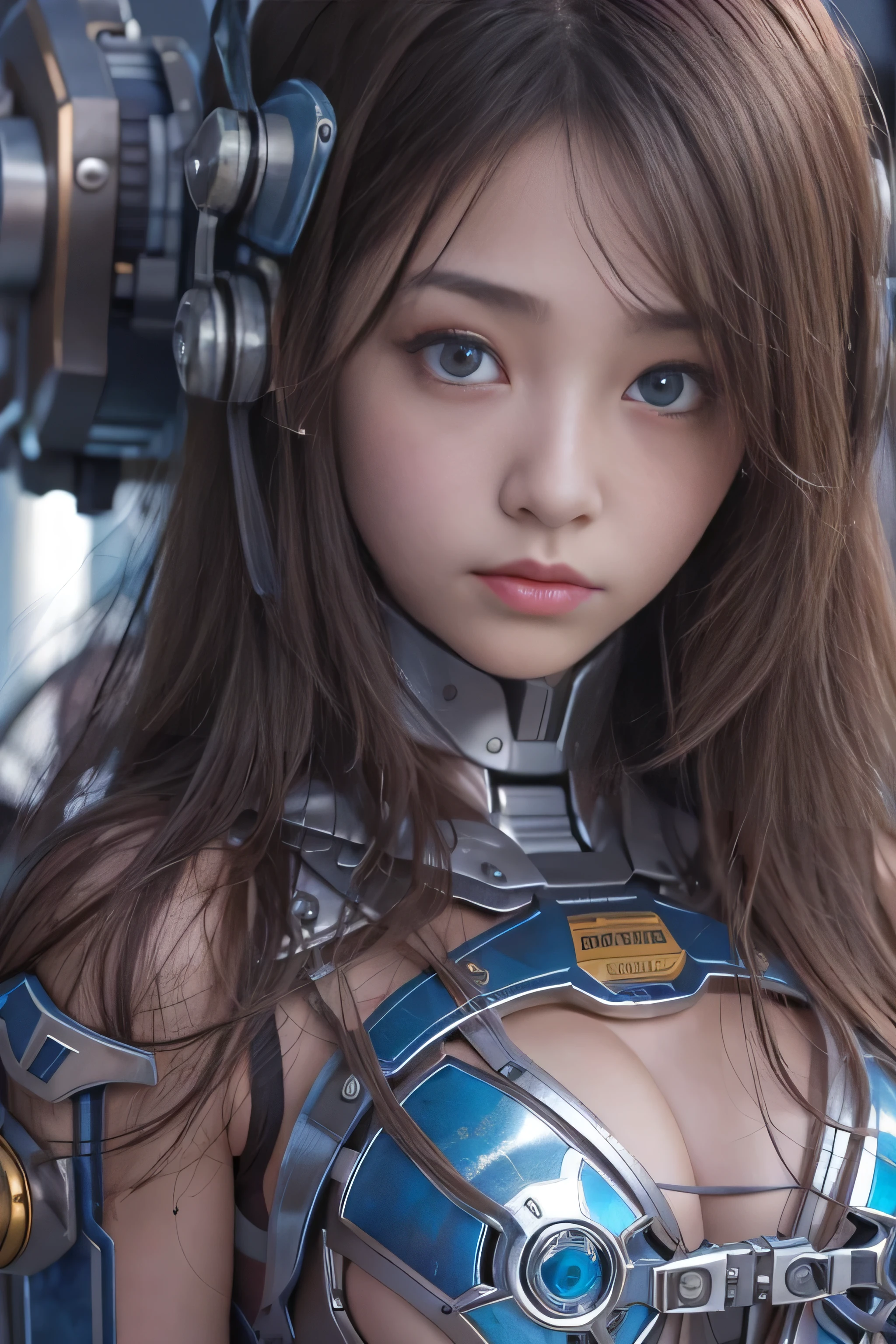 (RAW quality:1.4), Wide-angle shot, 1 female, Mecha, Sparkling blue eyes, , Japanese, Very embarrassed look, (Realistic:1.37), バイオMechaニカル, Complex robot, Cleavage, (Bare skin is exposed from under the chest to the lower abdomen.:1.4), Spaceship interior bokeh background, (Tied to a machine:1.4), Ultra-realistic, Very detailed, Very intricate details, Beautiful woman in sharp focus, Thin pubic hair,, Extremely realistic texture, Human-like skin, Realistic Hair, Realistic metal texture, Professional Lighting, Realistic, (Portrait photo taken with a 200mm telephoto lens), Biologically correct,