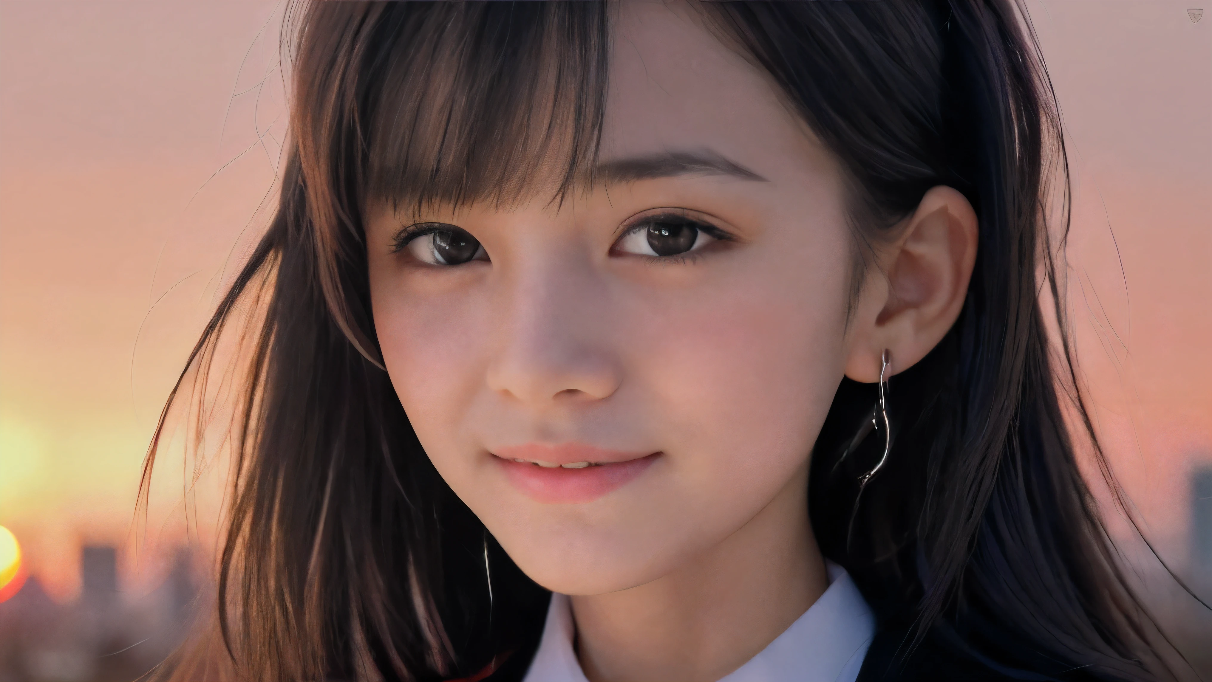 (Close up face shot of one slender small breasts two side up black medium hair bangs girl with crying little smile face in long sleeves black school uniform:1.5)、(One girl is turn around at sunset red sky with her face is reflected sunset light and her hair is blowing in long sleeves black school uniform:1.5)、(Beautiful red sunset sky at skyscraper city landscape:1.5)、(8k ultra detailed master piece:1.5)、(perfect anatomy:1.5)、(Photorealistic stick:1.5)、(Raw photo:1.3)、(highest quality:1.5)、(High resolution:1.3)、(Delicate and beautiful perfect face:1.3)、(Delicate and beautiful eye air skin:1.3)、(Real Human Skin:1.3)、((thin legs))
