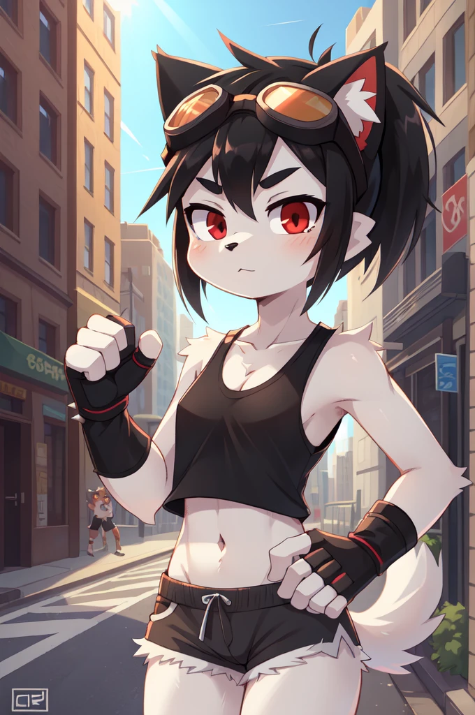 score_9,score_8_up,score_7_up, source_cartoon, source_furry, furry girl, cat, black hair, short spiky hairstyle, hair covering one eye, black eyeshadows, short spiky ponytail, anime style, small breasts, red eyes, Big eyebrows, ((goggles, black tank top, midriff, gray shorts, fingerless gloves)), city street, sunny sky, high quality, detailed body, detailed eyes, detailed face, masterpiece, glistening body, detailed body fur, best quality, white body fur, skinny, sassy face, gothic, spectacular effects, :3, gorgeous body, motion blur, uperbody,