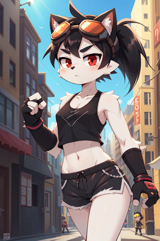 score_9,score_8_up,score_7_up, source_cartoon, source_furry, furry girl, cat, black hair, short spiky hairstyle, hair covering one eye, black eyeshadows, short spiky ponytail, anime style, small breasts, red eyes, Big eyebrows, ((goggles, black tank top, midriff, gray shorts, fingerless gloves)), city street, sunny sky, high quality, detailed body, detailed eyes, detailed face, masterpiece, glistening body, detailed body fur, best quality, white body fur, skinny, sassy face, gothic, spectacular effects, :3, gorgeous body, motion blur, uperbody,