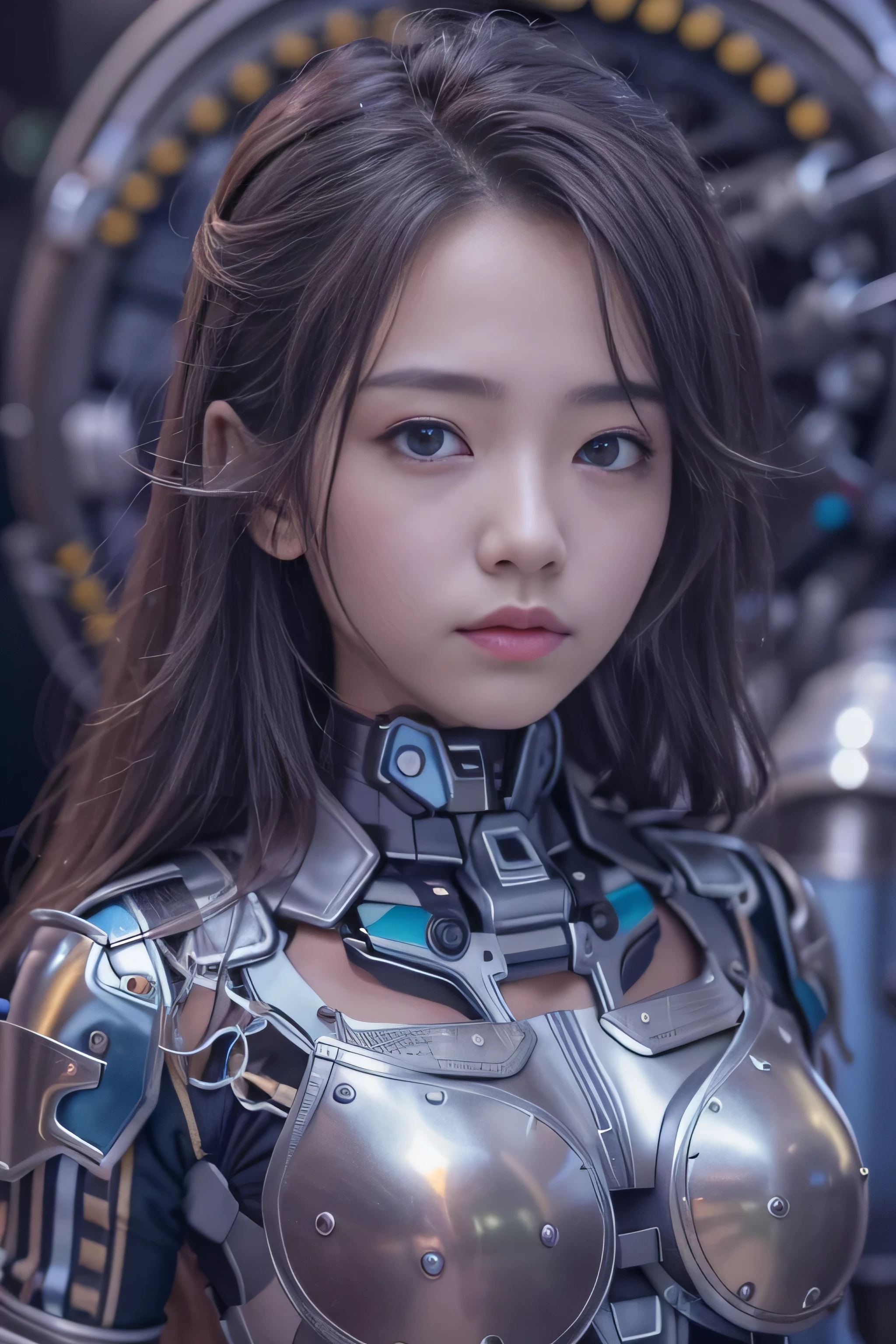 (8k, RAW photo, best quality, masterpiece: 1.4), (real picture, intricate detail), ultra detail, super high, depth field, floating, 1 girl, expressionless, long hair, high neck, close-up photo, women in armor, light blue hair, helmet, leg armor, shoulder armor, long hair, yellow armor, reflection on armor, headphones, yellow headband, spark armor, white skin firm transparent vinyl, at night, when viewed from below, Aquarius armor, upright, moonlight reflection, sacred, landscape, bright ( Facial freckles: 0.1), in 8 contrast styles, in a dark studio, (riml lighting, (1.4) two-tone light, octane, unreal, dim light, (low-key: 1.3), --auto --s2