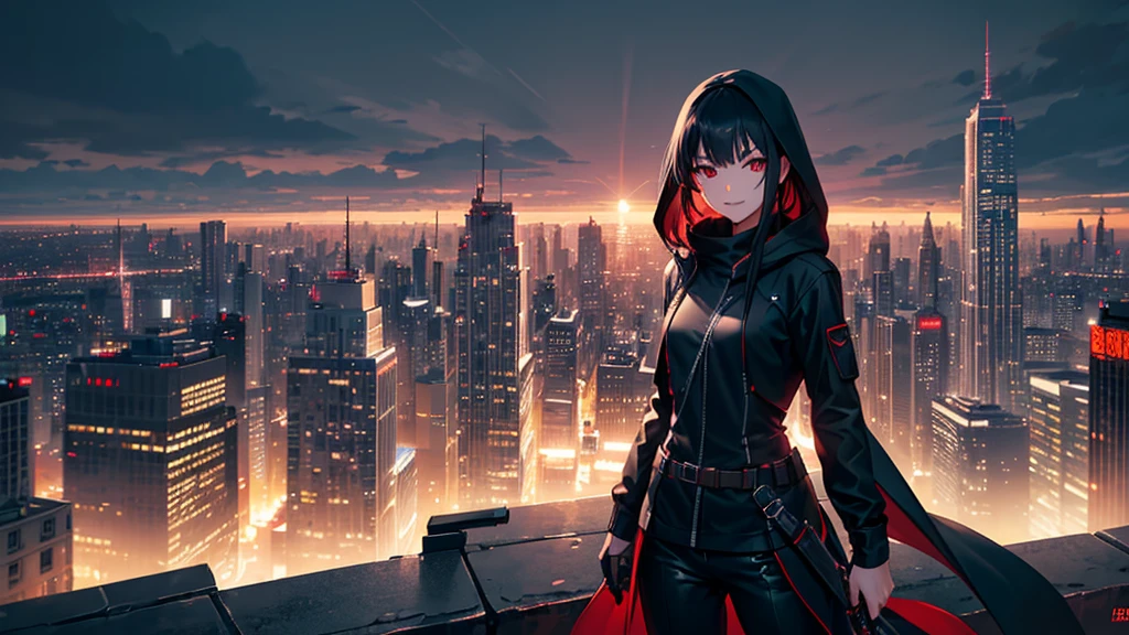 最high resolution,high resolution,Legendary Assassin, Beautiful Teenage Woman,Small breasts,black hooded coat , Grey Shirt,Black pants,Fearless smile, Red lips, Black Hair, Red eyes, realism, Night city view from the top of a skyscraper,Neon Town,Digital Painting, Concept Art, Smooth, Sharp focus, Three-part method, Style Psycho,Detailed Eyes,assassin&#39;s creed