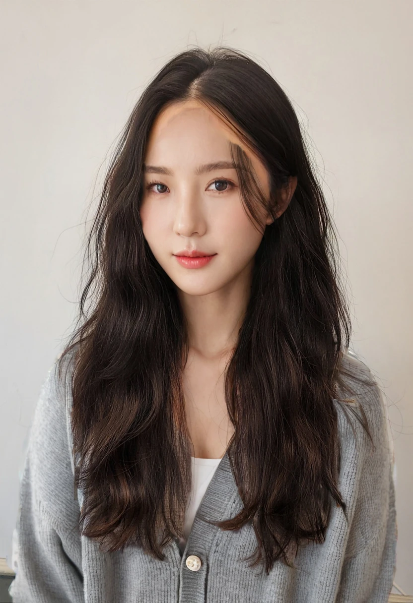 Best Quality, 8k, Masterpiece, (Portrait: 1.3), (photo realistic:1.4), (hyper realistic:1.4), Sharp Focus, looking at viewer, (smoother lighting:1.1), (increase cinematic lighting quality:0.9), realistic lighting, backlighting, light on face, ray trace, (brightening light:1.2), (Increase quality:1.4), sharp detail, (best quality real texture skin:1.4), finely detailed eyes, black_eyes, finely detailed face, 25 year old Korean woman, (gray cardigan:1.4), (Create an image maintaining the original base model hairstyle:1.5