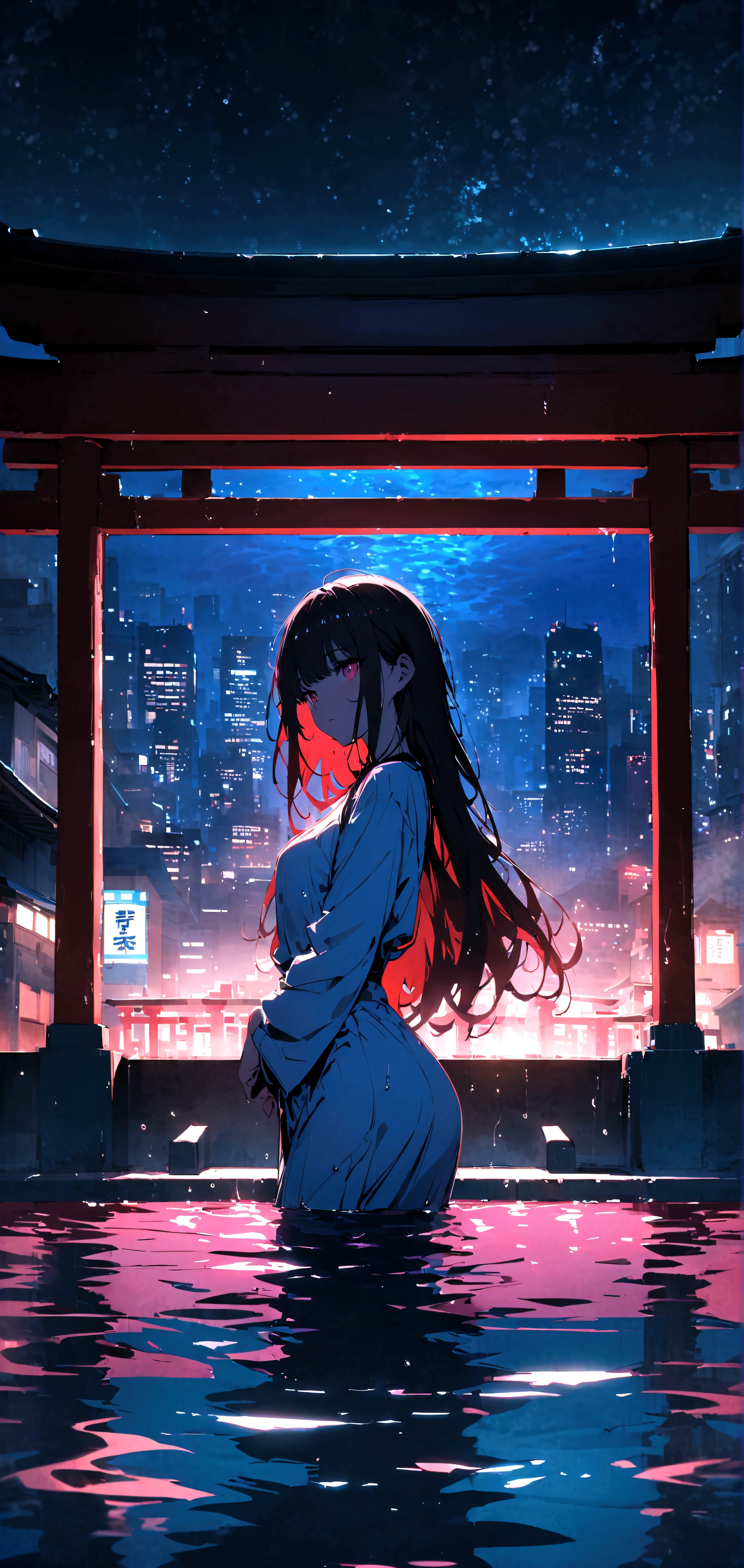masterpiece, best quality, very aesthetic, absurdres, 1girl,( front view:1.2), cyber punk, dramatic lighting, retro color, sadako, dark hair,( straight long hair:1.2), bangs over eyes, medium-small breast,( white yukata:1.2), in pool, wet skin,( indoor night pool:1.2),( red ancient torii gate in the pool:1.2), blue glow light, pool with underwater-lights, beautiful detailed, cityscape of skyscrapers from the windows