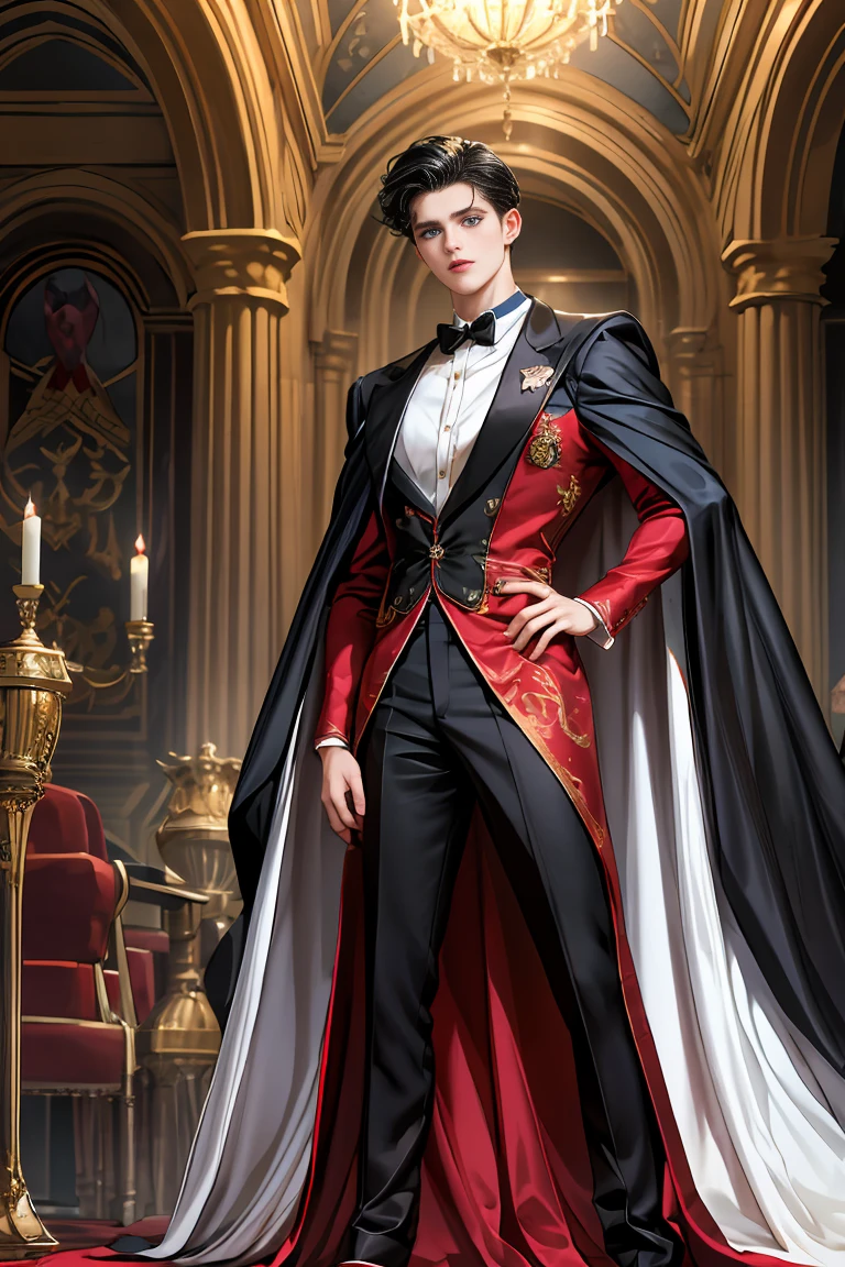 masterpiece, 最high quality, high quality, 1 boy, alone, Male focus, Watching the audience, Messy black hair, Adorable big blue eyes, White people, Noble, Noble,Sexy voluminous black and red cape、Tuxedo、A very voluminous, large, very large, very large, long, long red and black cape with a high stand-up collar, reaching down to the floor, made of a lot of fabric., ,Cute beautiful boys,Cute, cute, kind, handsome guy