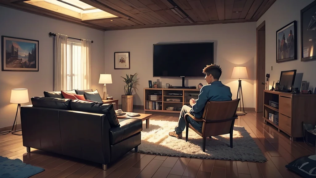 Draw a picture that shows a young man from the back, aged between 5 and 8 years, Watching television. The composition must be a backshot, I.E, showing the young man with his back to the viewer, sitting while watching a TV that is facing the viewer. The scene must be in a living room, with some details like a sofa, a coffee table and maybe some toys scattered on the floor. Lighting should be soft, creating a cozy and familiar atmosphere