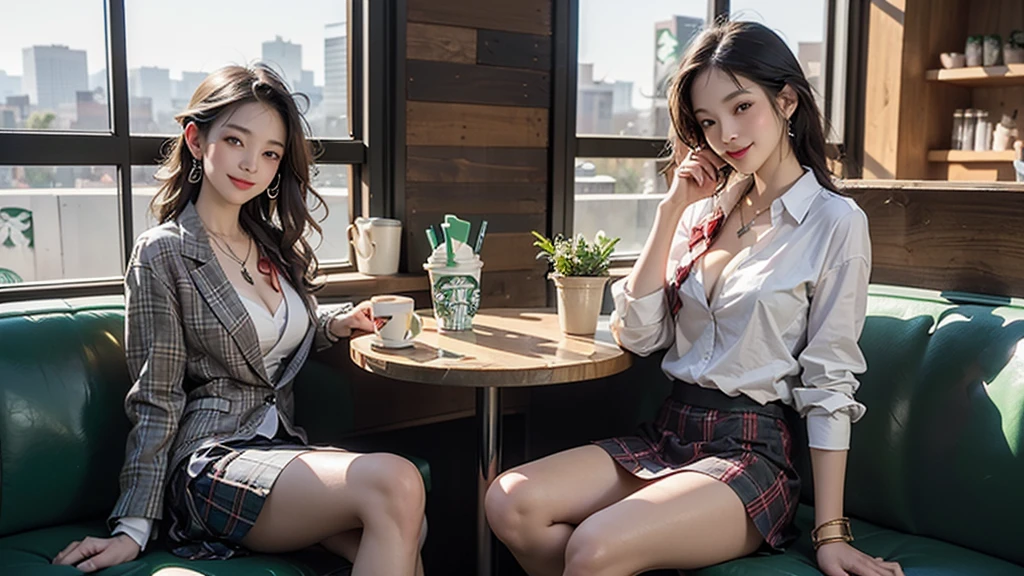 8K、RAW Photos、Highest quality、Super detailed、Super Resolution、Ultra HD、8K壁紙、Amazing details blazer uniform girl ((White blouse with formal collar, A nice red blazer, Black plaid skirt, Red checkered ribbon on blouse)), Complete limbs, Full Finger, 
((((Inside the Starbucks store))))、16 year old female student、(((Eat cake、Drink coffee、smile)))、Heart Necklace、Gold bracelet
((Emphasize cleavage))
((((Woman sitting at the window seat))))
