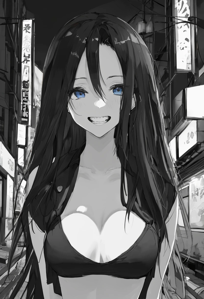 (masterpiece:1.2)、Highest quality、PIXIV、Rebellious girl、One girl、Open your mouth、鋭いteeth、teeth、Long Hair、Street background、Bright blue eyes、Upper Body、smile、Focus on the viewer、Chest in the center、Shoulder Bare、Belly button、Black and white hair color,leaning forward,Night view,Black and Whiteグレーの服装,Overflowing drool、saliva、White Breath、Sigh,Pull your mouth with your fingers、An excited look、Long, narrow eyes,fallatio,Black and White