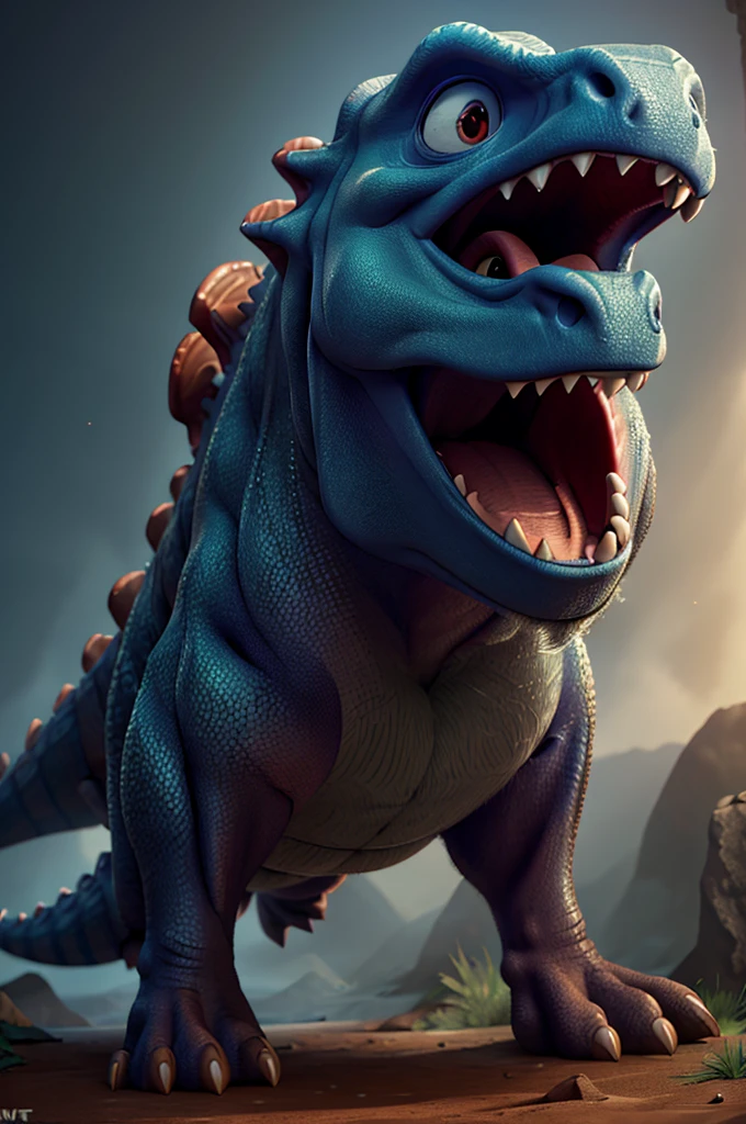 dinosaur,gigantosaurus,extremely detailed musculature,highly detailed skin texture,photorealistic,3d render,cinematic lighting,dramatic pose,dynamic action,jaw open,teeth bared,vivid colors,dramatic shadows,studio lighting,award winning digital art