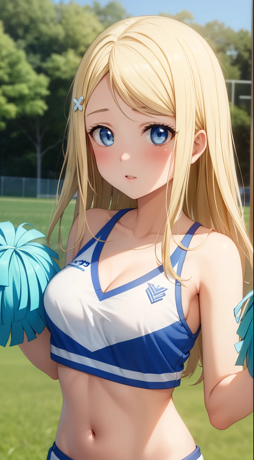 masterpiece, best quality, highly detailed, ultra high res, ayase arisa, 1girl, solo, perfect body, blue eyes, hair ornament, blonde hair, long hair, glossy lips, cheerleader, midriff, school field, standing, medium breasts, collarbone