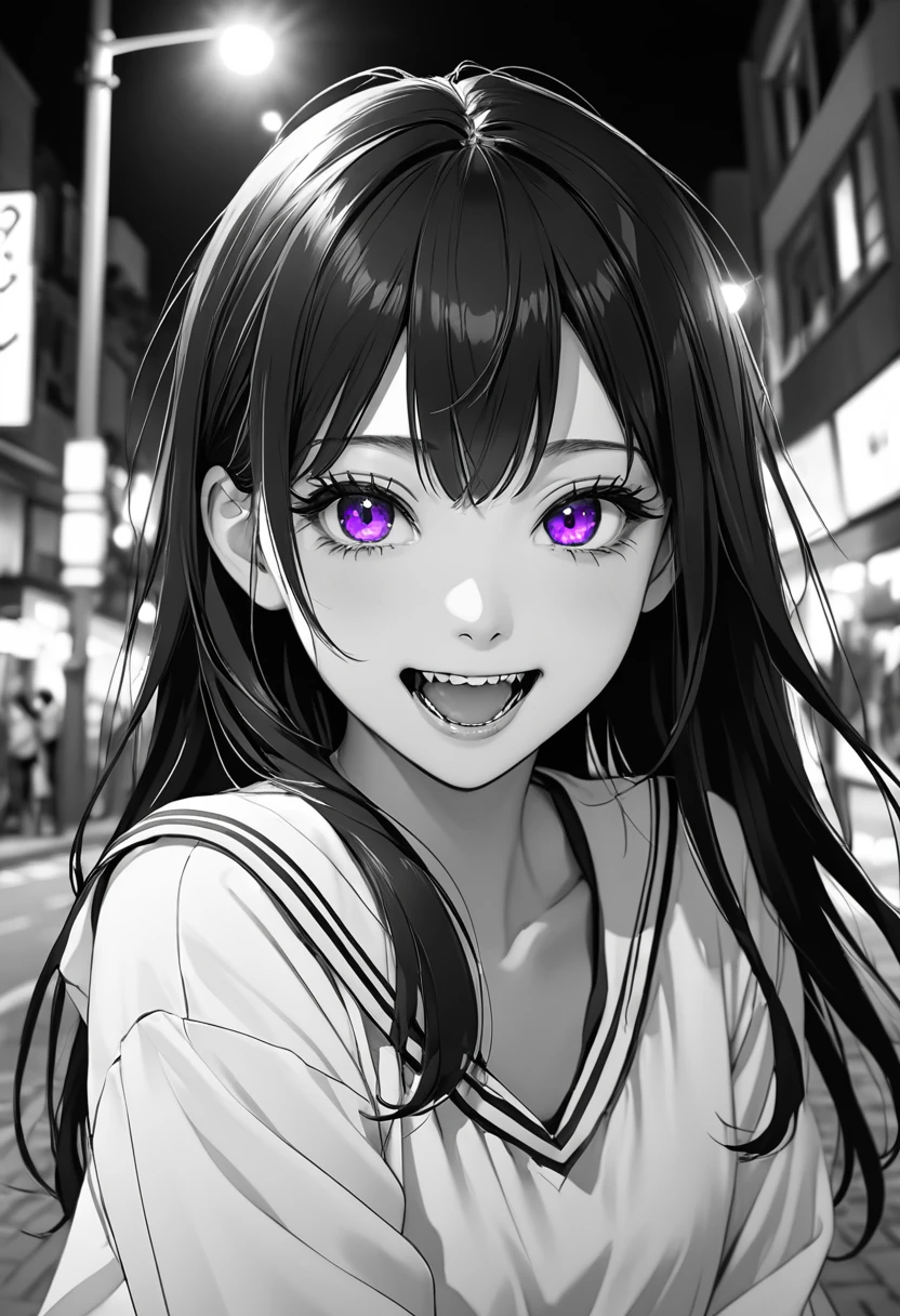 (masterpiece:1.2)、Highest quality、PIXIV、Rebellious girl、One girl、Open your mouth、鋭いteeth、teeth、Long Hair、Street background、Bright purple eyes、eyelash、Upper Body、Characters in clothes、smile、Focus on the viewer、Chest in the center、Black and white hair color,leaning forward,Night view,Black and Whiteグレーの服装,Overflowing drool、saliva、White Breath、Sigh、An excited look、Long, narrow eyes,fallatio、Black and White、Pull your mouth with your fingers