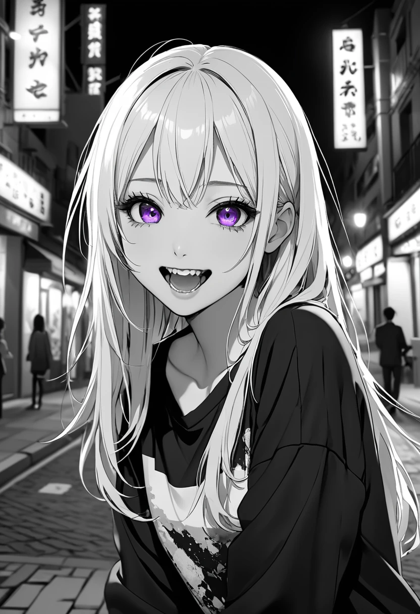 (masterpiece:1.2)、Highest quality、PIXIV、Rebellious girl、One girl、Open your mouth、鋭いteeth、teeth、Long Hair、Street background、Bright purple eyes、eyelash、Upper Body、Characters in clothes、smile、Focus on the viewer、Chest in the center、Black and white hair color,leaning forward,Night view,Black and Whiteグレーの服装,Overflowing drool、saliva、White Breath、Sigh、An excited look、Long, narrow eyes,fallatio、Black and White、Pull your mouth with your fingers