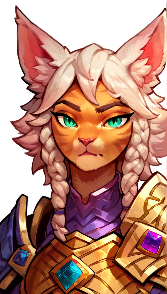 (thick lines:1.25), (clear simple background, white background, papyrus background),
((catgirl), anthro, solo, female, (closeup portrait, focus on face), (warrior, paladin), ((wearing armor)), (cat fur)), beautiful