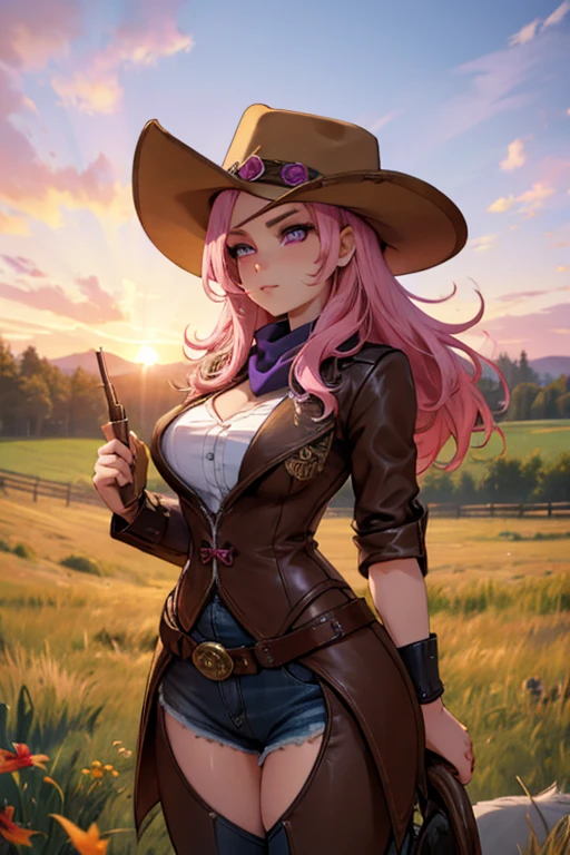 A pink haired female cowgirl with violet eyes with an hourglass figure in a conservative cowgirl outfit is petting a horse in a field