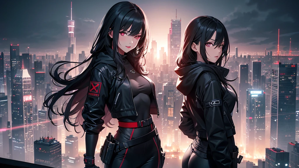 最high resolution,high resolution,Legendary Assassin, Beautiful Teenage Woman,Small breasts,black hooded coat , Grey Shirt,Black pants,Fearless smile, Red lips, Black Hair, Red eyes, realism, Night city view from the top of a skyscraper,Neon Town,Digital Painting, Concept Art, Smooth, Sharp focus, Three-part method, Style Psycho,Detailed Eyes,assassin&#39;s creed