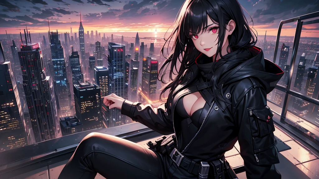 最high resolution,high resolution,Legendary Assassin, Beautiful Teenage Woman,Small breasts,black hooded coat , Grey Shirt,Black pants,Fearless smile, Red lips, Black Hair, Red eyes, realism, Night city view from the top of a skyscraper,Neon Town,Digital Painting, Concept Art, Smooth, Sharp focus, Three-part method, Style Psycho,Detailed Eyes,assassin&#39;s creed