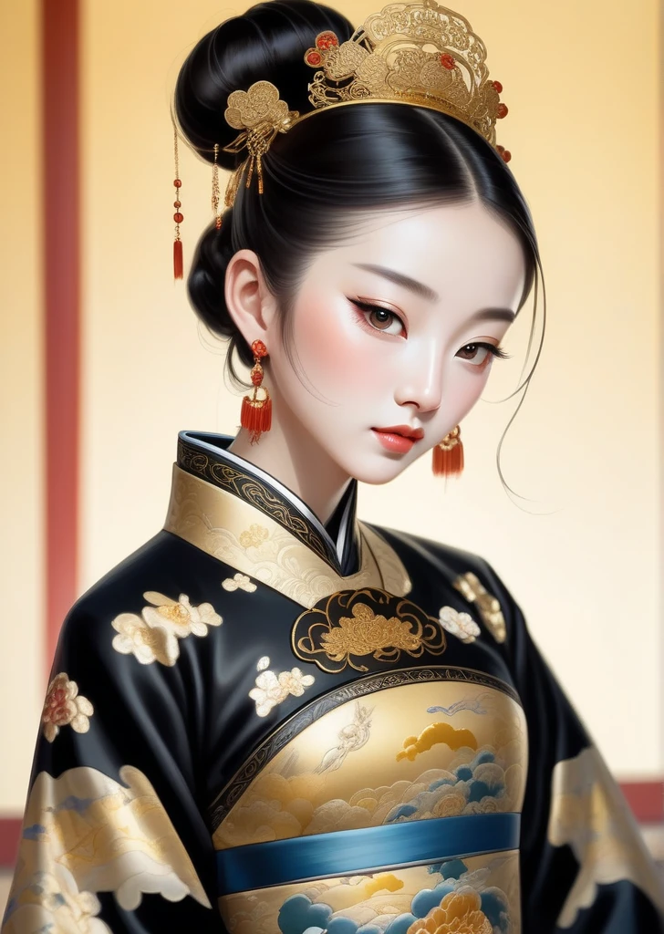 Close-up of woman in black and gold dress, Qing Dynasty, Chinese Queen, traditional Chinese clothing, Inspired by Guo Xi, palace , Girl wearing Hanfu, Wearing Chinese clothes, Hanfu, traditional Chinese, Portrait of the Young Queen, Chinese Princess, Wearing fancy clothes, Chinese Clothing, Traditional Clothing, Wearing fancy clothes