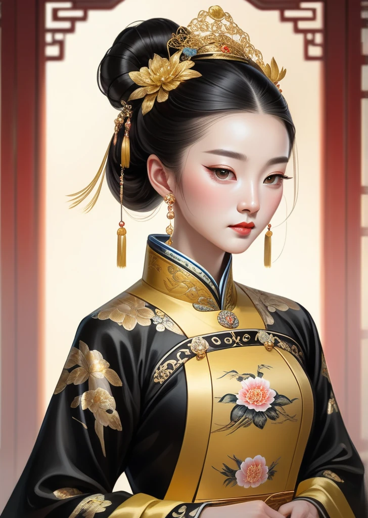 Close-up of woman in black and gold dress, Qing Dynasty, Chinese Queen, traditional Chinese clothing, Inspired by Guo Xi, palace , Girl wearing Hanfu, Wearing Chinese clothes, Hanfu, traditional Chinese, Portrait of the Young Queen, Chinese Princess, Wearing fancy clothes, Chinese Clothing, Traditional Clothing, Wearing fancy clothes