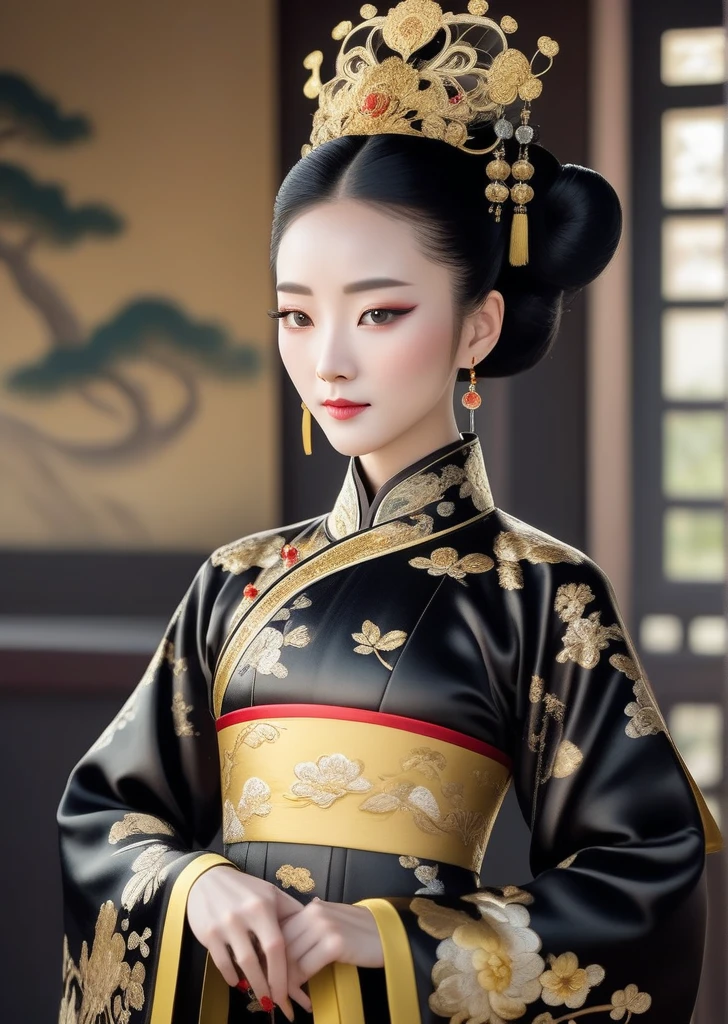 Close-up of woman in black and gold dress, Qing Dynasty, Chinese Queen, traditional Chinese clothing, Inspired by Guo Xi, palace ， Girl wearing Hanfu, Wearing Chinese clothes, Hanfu, traditional Chinese, Portrait of the Young Queen, Chinese Princess, Wearing fancy clothes, Chinese Clothing, Traditional Clothing, Wearing fancy clothes