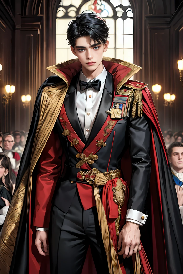 
masterpiece, 最high quality, high quality, 1 boy, alone, Male focus, Watching the audience,  Messy black hair, Adorable big blue eyes, White people, Noble, Noble,Sexy voluminous black and red cape、Tuxedo、A very voluminous, large, very large, very large, long, long red and black cape with a high stand-up collar, reaching down to the floor, made of a lot of fabric., 17 years old,Cute beautiful boys,Cute, cute, kind, handsome guy