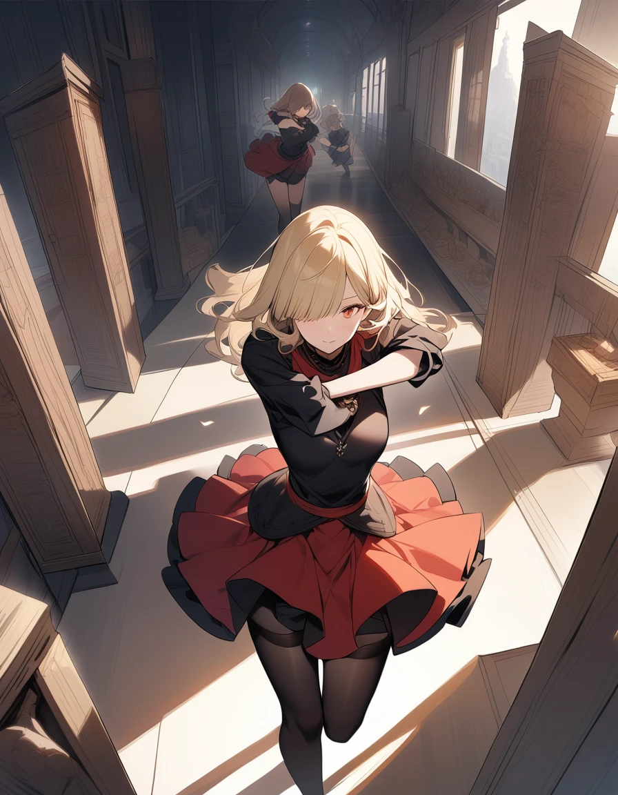A mature imperial girl with short pale yellow hair, bangs covering her left eye, orange-red eyes, open-chested black blouse, hip-hugging skirt, black stockings, special moves, Tomorrow's Ark, busts, illustrations, masterpieces, perspective, optimal quality, interplay of light and shadow.