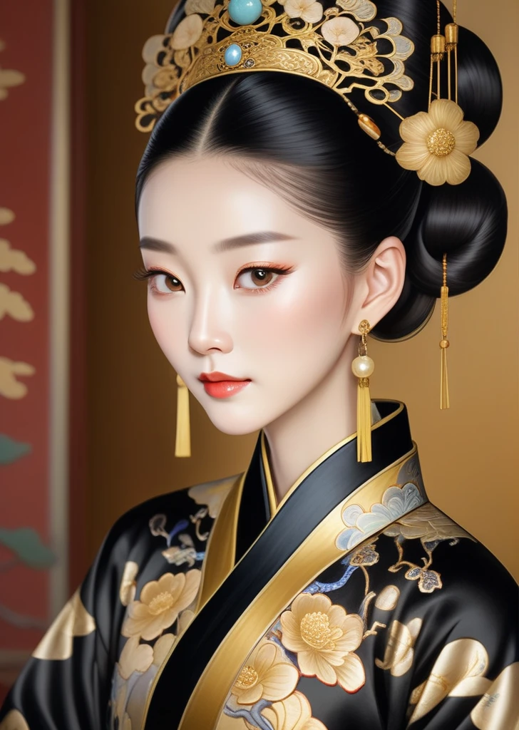 Close-up of woman in black and gold dress, Portraits inspired by Guo Xi, cg Social Hotspot, Cloisonnism, Qing Dynasty, Chinese Queen, traditional Chinese clothing, palace ， Girl wearing Hanfu, Wearing Chinese clothes, Hanfu, traditional Chinese, Portrait of the Young Queen, Chinese Princess, Wearing fancy clothes