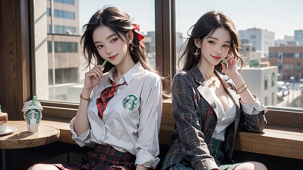 8K、RAW Photos、Highest quality、Super detailed、Super Resolution、Ultra HD、8K壁紙、Amazing details blazer uniform girl ((White blouse with formal collar, A nice red blazer, Black plaid skirt, Red checkered ribbon on blouse)), Complete limbs, Full Finger,
((((Inside the Starbucks store))))、16 year old female student、(((Eat cake、Drink coffee、smile)))、Heart Necklace、Gold bracelet
((Emphasize cleavage))
((((Woman sitting at the window seat))))