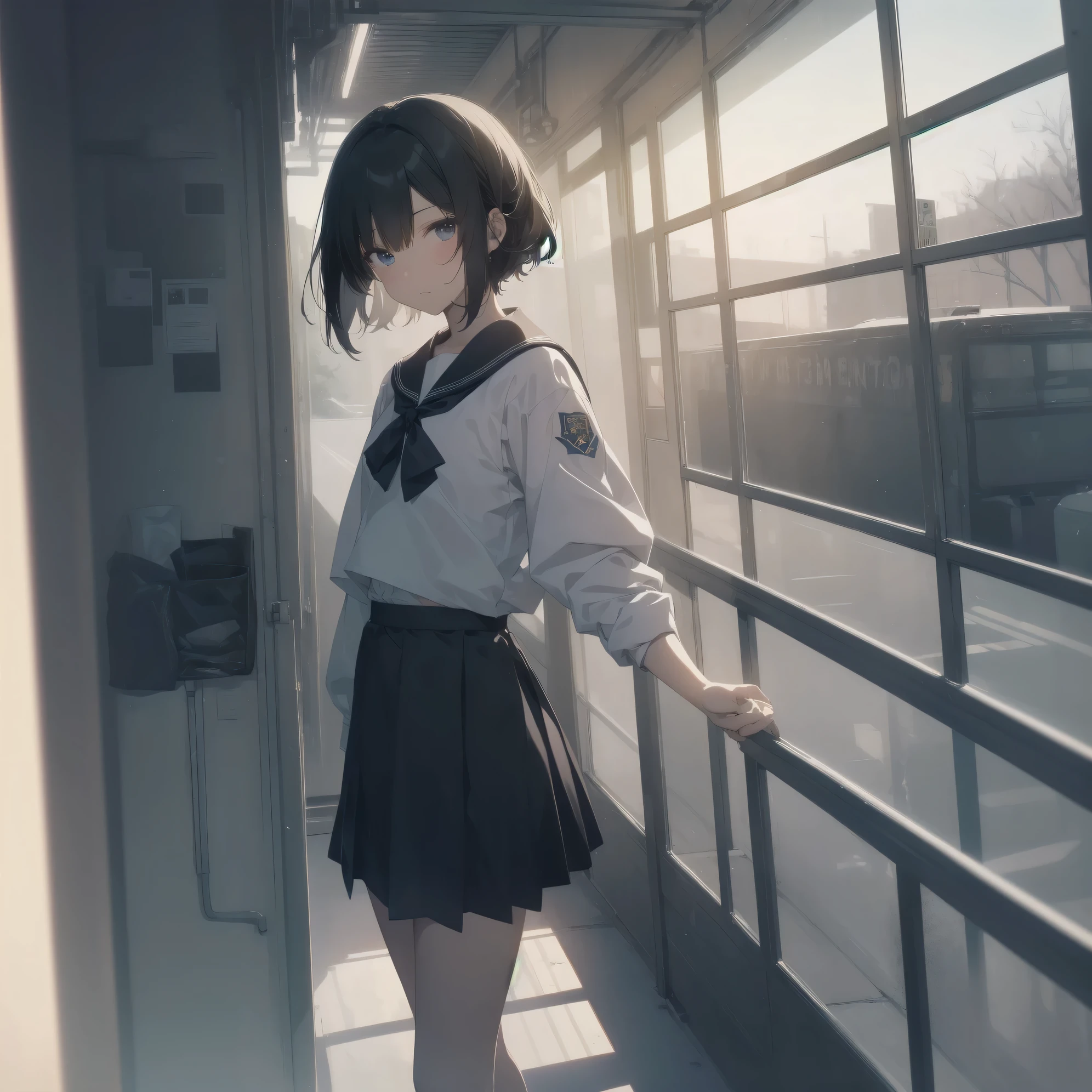 ultra-absurdres-Top quality by artist God, ultra-detailed, high resolution, anime moe artstyle, best anime 8k konachan wallpaper, pixiv contest winner, pool:2810, perfect anatomy,break, 1girl, (Please draw a girl walking sleepily to school alone. )break,(Solo,little female, 13-year-old:1.3),Full limbs, complete fingers,a junior high school student, (very short hair), short cut, flat chest, , small butt, small black eyes, beautiful detailed eyes, well-proportioned iris and pupils, expressive eyes, highres detailed hair, soft expression, salor school_uniform, sailor collar, serahuku, bow, pleated skirt,(Detailed Lighting), (Detailed background), in the School commute route. break,super detailed skin, Best cinematic lighting powered by famous artist, 8k,beauty illustration,photoshop_(medium),very aesthetic,break,((artist:sincos )), artist:clamp ,artist:carnelian ,artist:kantoku ,