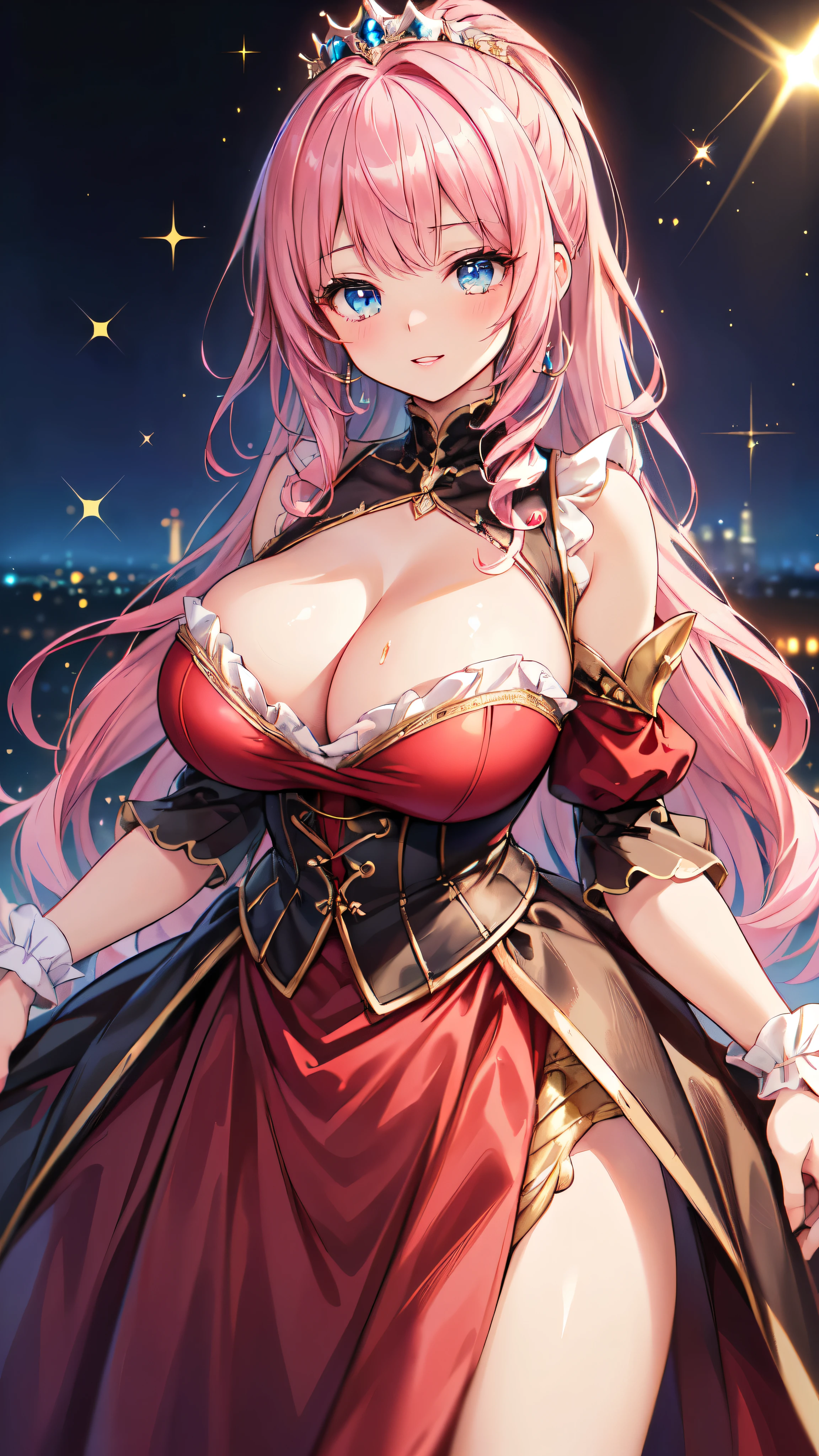 (Moe anime art style:1.3), (masterpiece), ((Highest quality)), ((High resolution)), (unity 8k wallpaper), (((ultra detailed)))
BREAK
(((A young-looking princess))), (18 years old), ((cowboy shot)), ((huge breasts)), breast focus, cleavage cutout, Sweat on the chest,
BREAK
(((gorgeous princess rococo ballgown dress with voluminous full length hoop skirt and long hem))), (crinoline dress), ((Shiny dark red taffeta fabric)), (rococo ballgown dress with plenty of frills and luxurious embroidery), (over skirt with plenty of frills and luxurious embroidery), (Precision Racing), 
BREAK
(((super delicate and beautiful face))), ((Delicate beautiful eyes)), hyper detail eyes, ((Beautiful Lips)), beautiful blue eyes, (face focus), Beautiful smile,
BREAK
(((Pink Hair))), ((Fluffy ponytail)), Curly Hair, (Expressive hair), (very voluminous long hair), Spreading hair, bangs, Beautiful silver and jeweled hair ornaments, 
BREAK
(light sparkles:1.5), (depth of field:1.5),(magnificent panorama view:1.5),