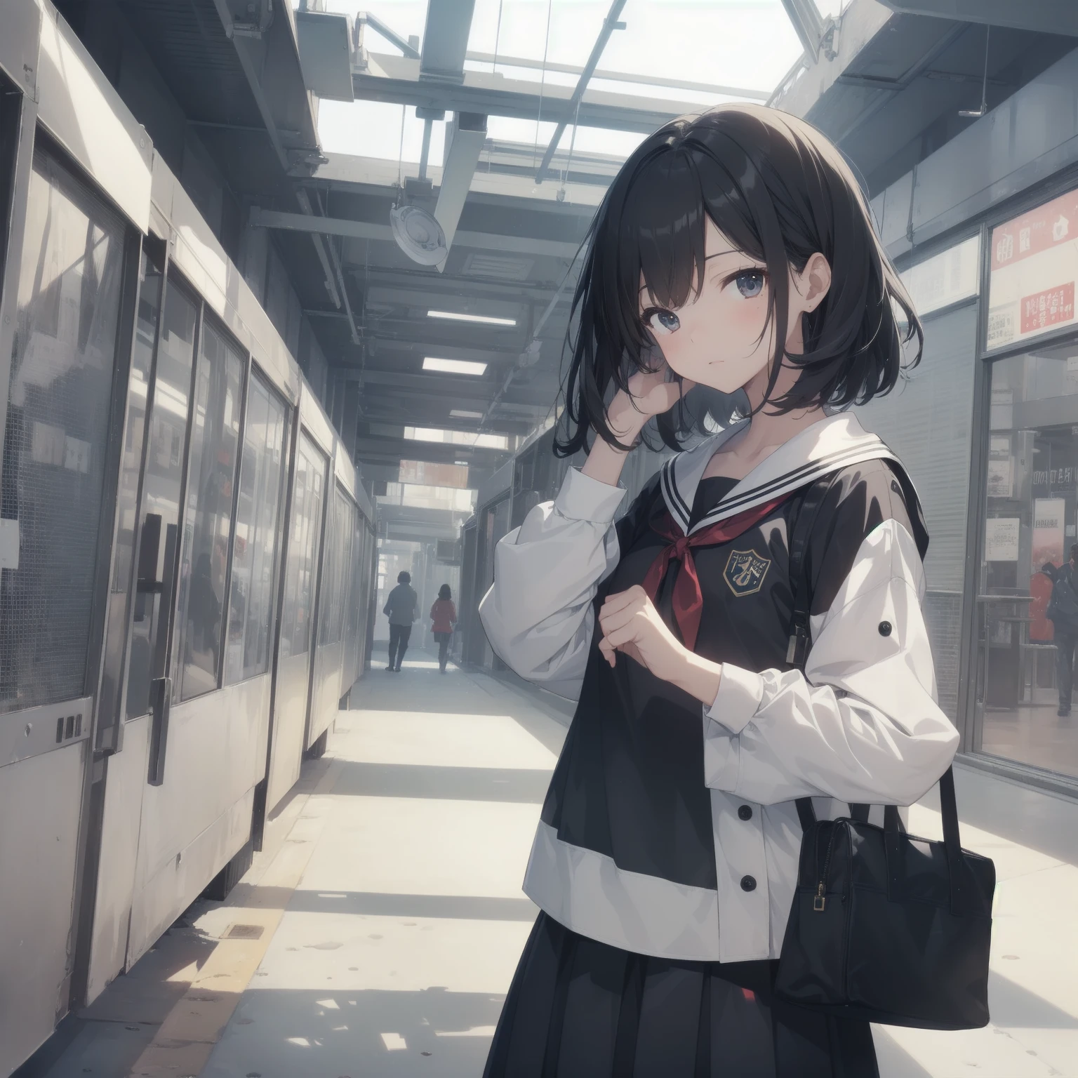 ultra-absurdres-Top quality by artist God, ultra-detailed, high resolution, anime moe artstyle, best anime 8k konachan wallpaper, pixiv contest winner, pool:2810, perfect anatomy,break, 1girl, (Please draw a girl walking sleepily to school alone. )break,(Solo,little female, 13-year-old:1.3),Full limbs, complete fingers,a junior high school student, (very short hair), short cut, flat chest, , small butt, small black eyes, beautiful detailed eyes, well-proportioned iris and pupils, expressive eyes, highres detailed hair, soft expression, salor school_uniform, sailor collar, serahuku, bow, pleated skirt,(Detailed Lighting), (Detailed background), in the School commute route. break,super detailed skin, Best cinematic lighting powered by famous artist, 8k,beauty illustration,photoshop_(medium),very aesthetic,break,((artist:sincos )), artist:clamp ,artist:carnelian ,artist:kantoku ,

