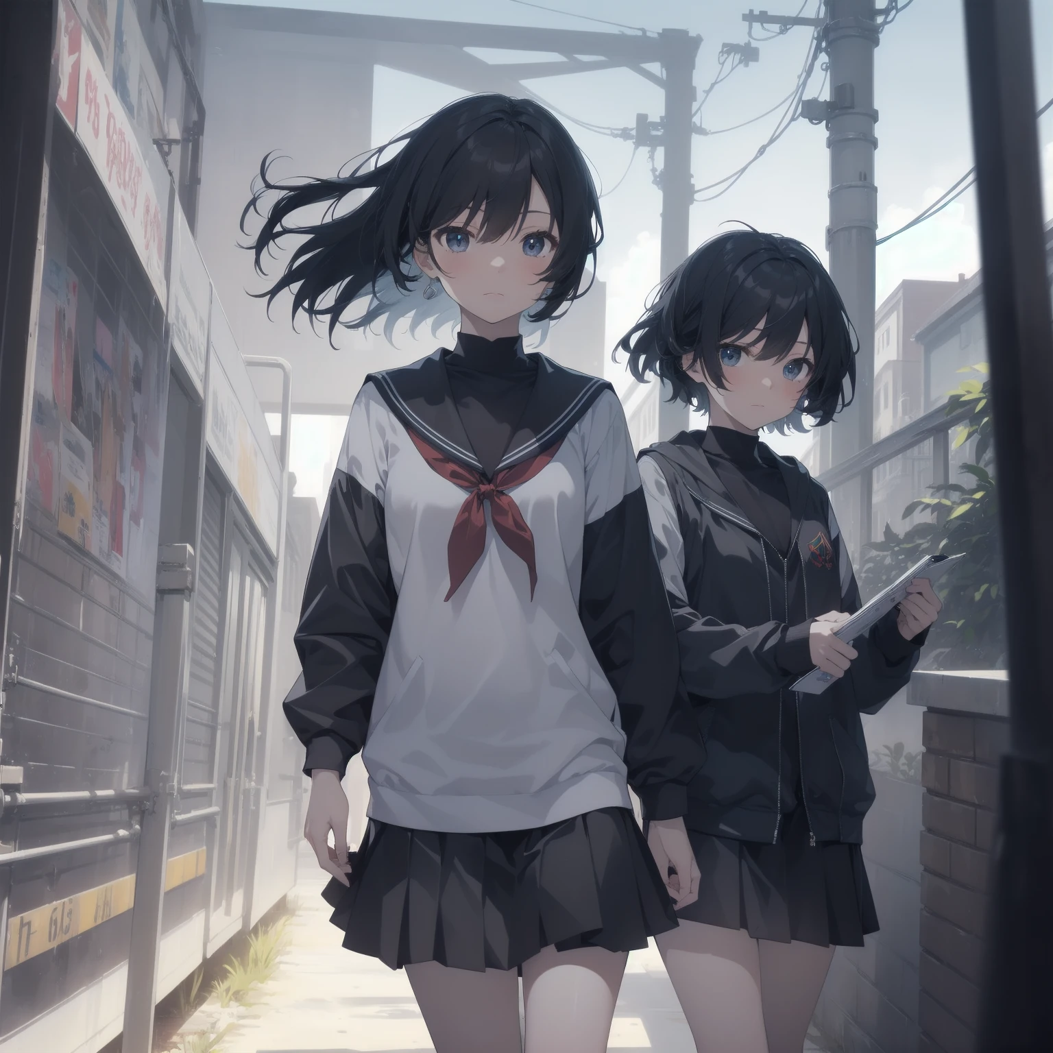 ultra-absurdres-Top quality by artist God, ultra-detailed, high resolution, anime moe artstyle, best anime 8k konachan wallpaper, pixiv contest winner, pool:2810, perfect anatomy,break, 1girl, (Please draw a girl walking sleepily to school alone. )break,(Solo,little female, 13-year-old:1.3),Full limbs, complete fingers,a junior high school student, (very short hair), short cut, flat chest, , small butt, small black eyes, beautiful detailed eyes, well-proportioned iris and pupils, expressive eyes, highres detailed hair, soft expression, salor school_uniform, sailor collar, serahuku, bow, pleated skirt,(Detailed Lighting), (Detailed background), in the School commute route. break,super detailed skin, Best cinematic lighting powered by famous artist, 8k,beauty illustration,photoshop_(medium),very aesthetic,break,((artist:sincos )), artist:clamp ,artist:carnelian ,artist:kantoku ,