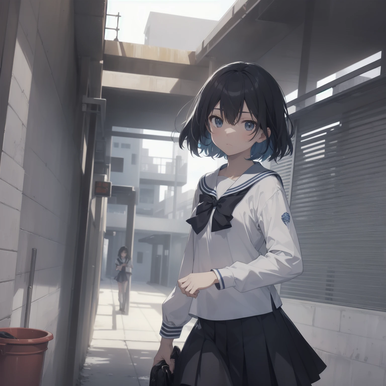 ultra-absurdres-Top quality by artist God, ultra-detailed, high resolution, anime moe artstyle, best anime 8k konachan wallpaper, pixiv contest winner, pool:2810, perfect anatomy,break, 1girl, (Please draw a girl walking sleepily to school alone. )break,(Solo,little female, 13-year-old:1.3),Full limbs, complete fingers,a junior high school student, (very short hair), short cut, flat chest, , small butt, small black eyes, beautiful detailed eyes, well-proportioned iris and pupils, expressive eyes, highres detailed hair, soft expression, salor school_uniform, sailor collar, serahuku, bow, pleated skirt,(Detailed Lighting), (Detailed background), in the School commute route. break,super detailed skin, Best cinematic lighting powered by famous artist, 8k,beauty illustration,photoshop_(medium),very aesthetic,break,((artist:sincos )), artist:clamp ,artist:carnelian ,artist:kantoku ,
