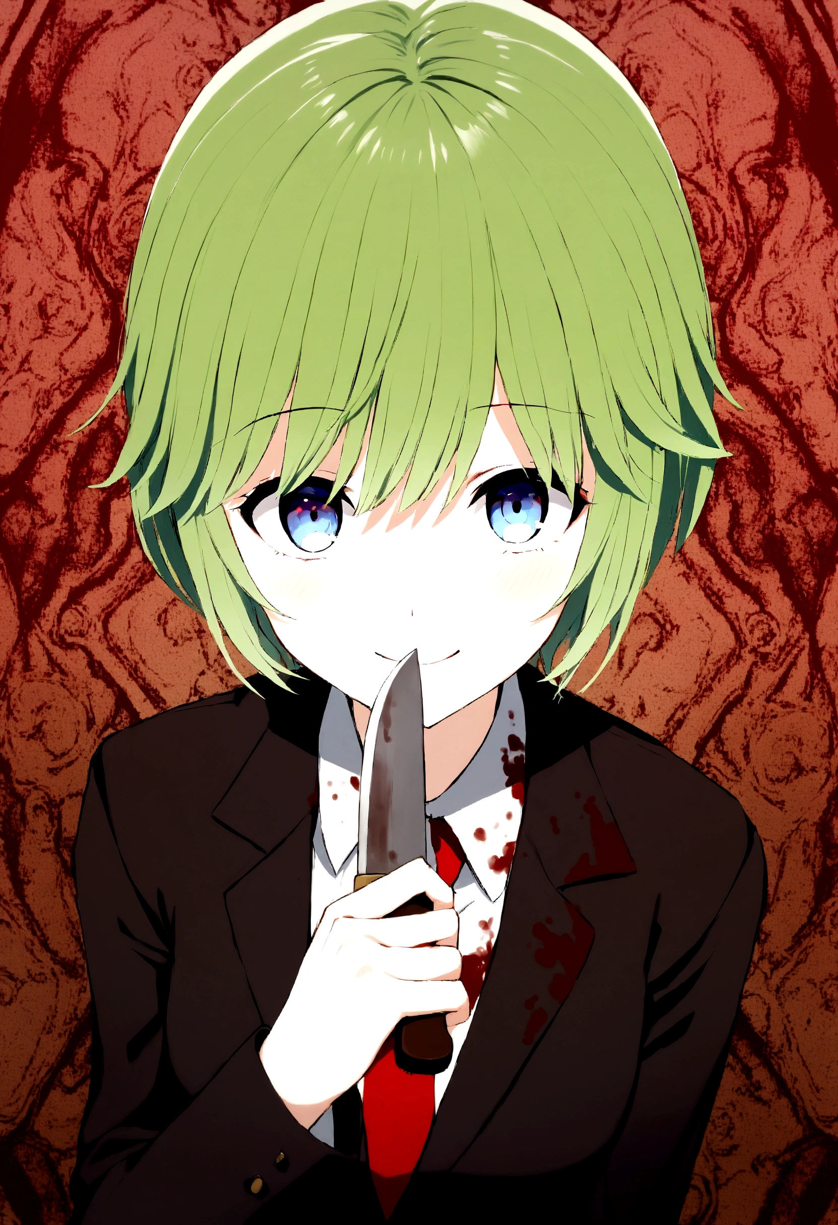 1 girl, short light green hair, light blue eyes, smiling, yandere look, holding a knife, blood on clothes, wearing suit with red tie