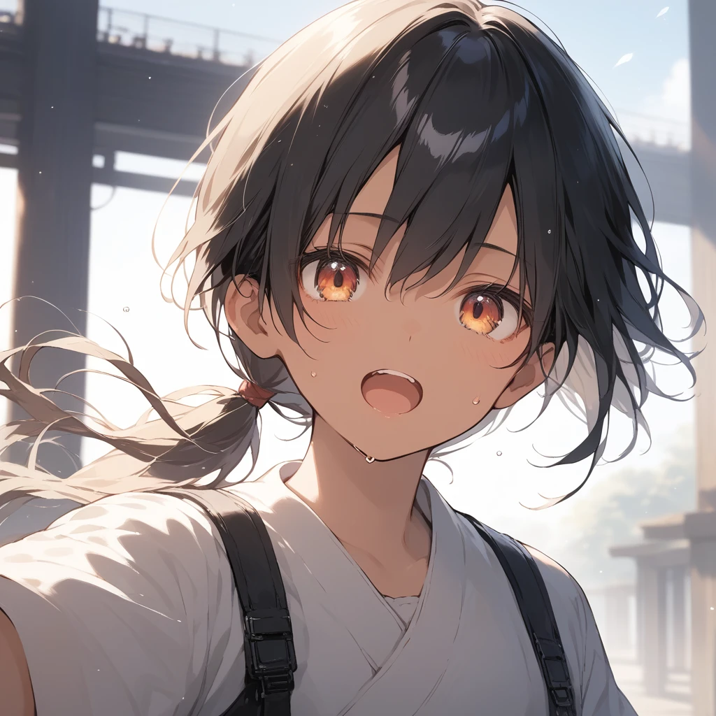 score_9, score_8_up, score_7_up, source_anime, best quality, masterpiece, official art, absurdres, highres, ultra-detailed,waifu2x,Collection: Slice of Life,break,1girl, tomboy, dark-skinned female, short hair, low ponytail, flat chest, beautiful detailed eyes, ninja, sweat, open mouth, (yawn:0.3), sleepily, outdoors, wind, break,(clear line illustration:1.2),very high resolution, very aesthetic, super detailed skin, Best sexual lighting powered by famous artist, 8k,cute picture,beauty illustration,photoshop_(medium),,(Detailed Lighting),best anime 8k konachan wallpaper, pixiv contest winner,