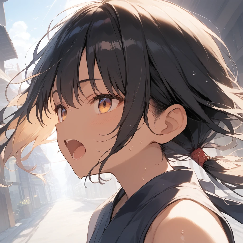score_9, score_8_up, score_7_up, source_anime, best quality, masterpiece, official art, absurdres, highres, ultra-detailed,waifu2x,Collection: Slice of Life,break,1girl, tomboy, dark-skinned female, short hair, low ponytail, flat chest, beautiful detailed eyes, ninja, sweat, open mouth, (yawn:0.3), sleepily, outdoors, wind, break,(clear line illustration:1.2),very high resolution, very aesthetic, super detailed skin, Best sexual lighting powered by famous artist, 8k,cute picture,beauty illustration,photoshop_(medium),,(Detailed Lighting),best anime 8k konachan wallpaper, pixiv contest winner,