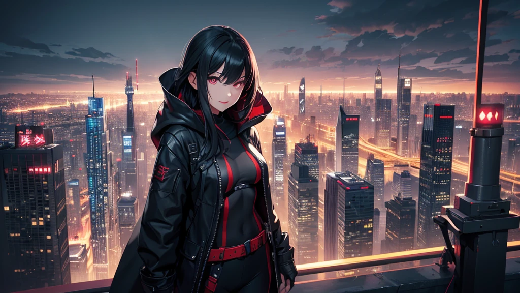 最high resolution,high resolution,Legendary Assassin, Beautiful Teenage Woman,Small breasts,black hooded coat , Grey Shirt,Black pants,Fearless smile, Red lips, Black Hair, Red eyes, realism, Night city view from the top of a skyscraper,Neon Town,Digital Painting, Concept Art, Smooth, Sharp focus, Three-part method, Style Psycho,Detailed Eyes,assassin&#39;s creed