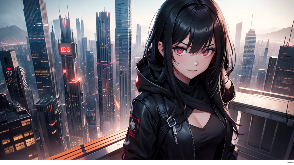 最high resolution,high resolution,Legendary Assassin, Beautiful Teenage Woman,Small breasts,black hooded coat , Grey Shirt,Black pants,Fearless smile, Red lips, Black Hair, Red eyes, realism, Night city view from the top of a skyscraper,Neon Town,Digital Painting, Concept Art, Smooth, Sharp focus, Three-part method, Style Psycho,Detailed Eyes,assassin&#39;s creed