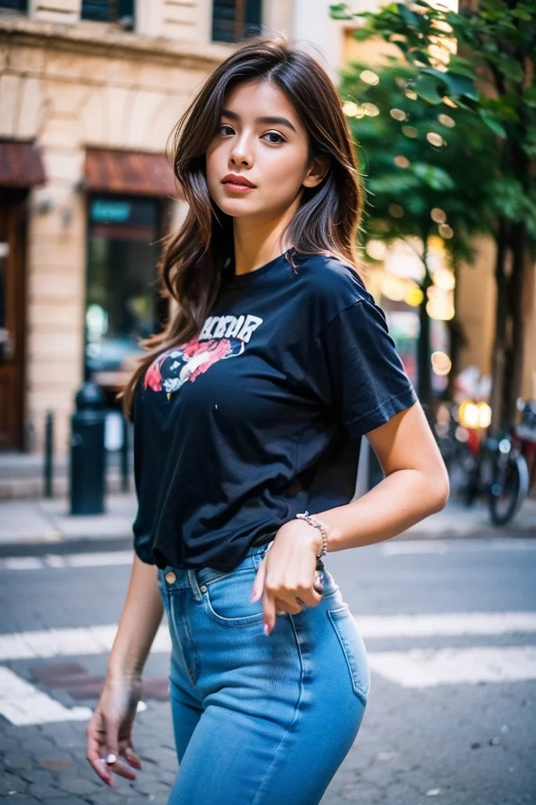 Realistic photography, long hair woman , T-shirt, jeans,