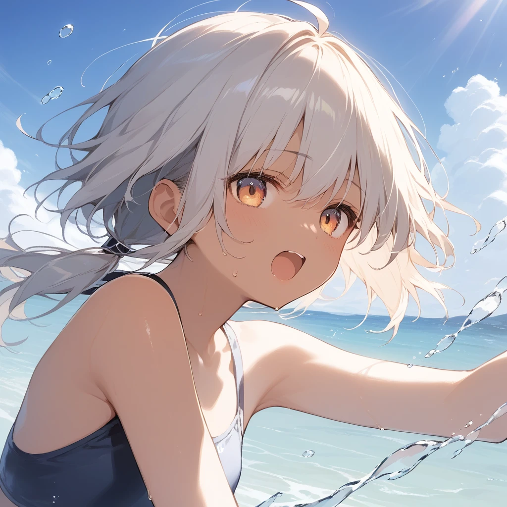 score_9, score_8_up, score_7_up, source_anime, best quality, masterpiece, official art, absurdres, highres, ultra-detailed,waifu2x,Collection: Slice of Life,break,1girl, tomboy, dark-skinned female, short hair, low ponytail, flat chest, beautiful detailed eyes, swimsuit, sweat, open mouth, (yawn:0.3), sleepily, ocean, outdoors, wind, break,(clear line illustration:1.2),very high resolution, very aesthetic, super detailed skin, Best sexual lighting powered by famous artist, 8k,cute picture,beauty illustration,photoshop_(medium),,(Detailed Lighting),best anime 8k konachan wallpaper, pixiv contest winner,