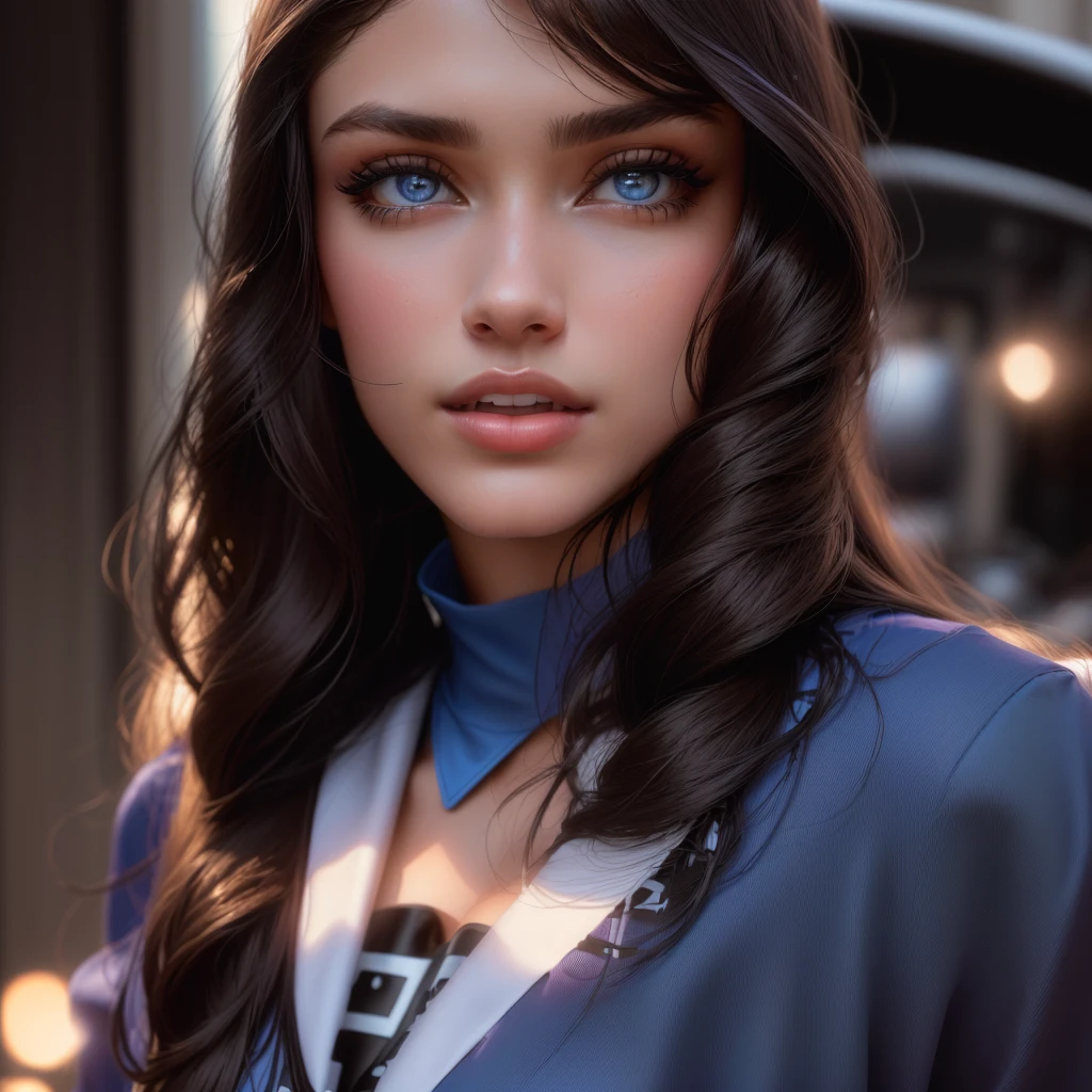 arafed woman in a blue shirt standing in front of a car, portrait sophie mudd, madison beer girl portrait, gorgeous latina face, gorgeous woman, madison beer, 50mm portrait, young woman with long dark hair, gorgeous lady, photo of a beautiful woman, female with long black hair, very pretty model, violet myers, charli bowater, gorgeous female