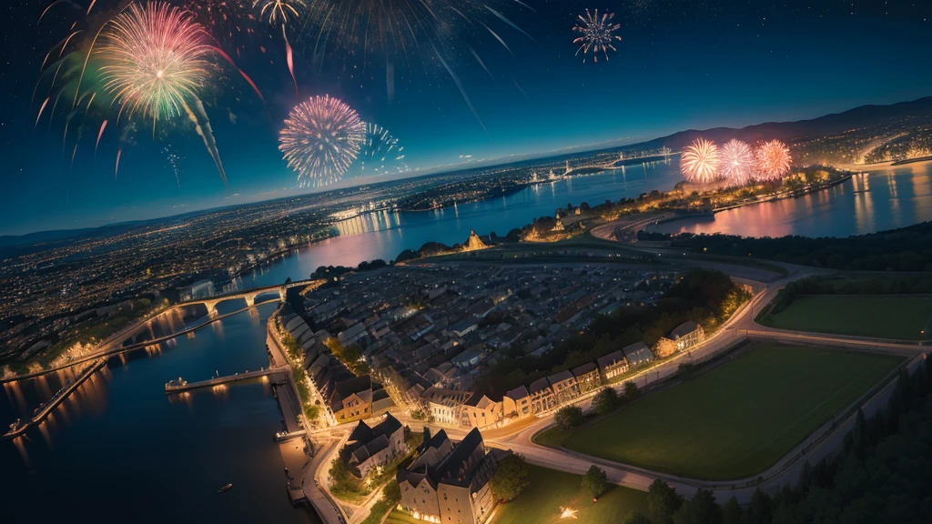 (Late Night,Aerial view of the earth,Fireworks show),Town Lights,Medieval Town,City Wall,castle,Pitch black