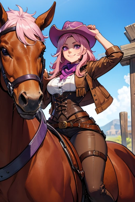 A pink haired female cowgirl with violet eyes with an hourglass figure in a conservative cowgirl outfit is riding a horse with a big smile