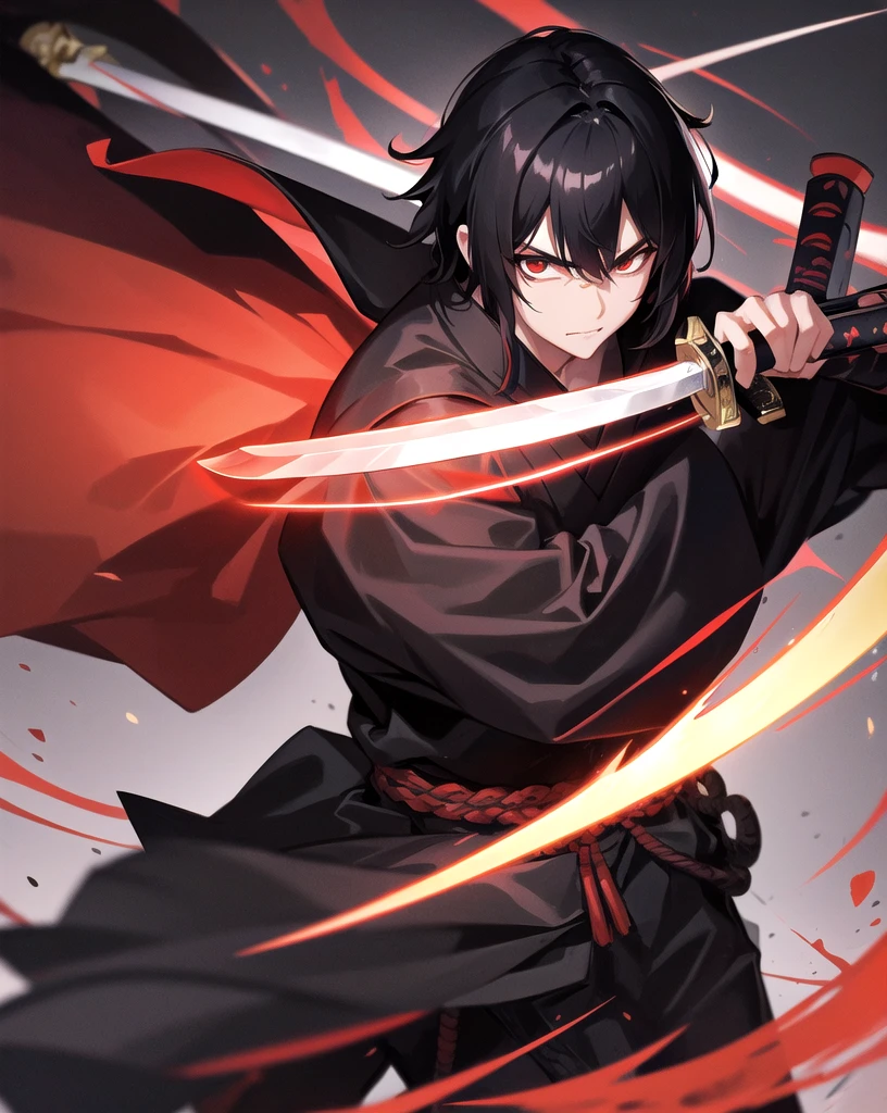 Black Hair、male、Red kimono、samurai、He is slashing at the camera with a sword、Black aura on the sword