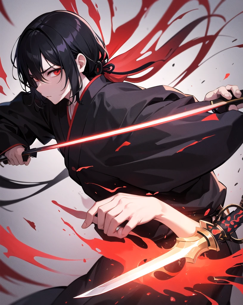 Black Hair、male、Red kimono、samurai、He is slashing at the camera with a sword、Black aura on the sword