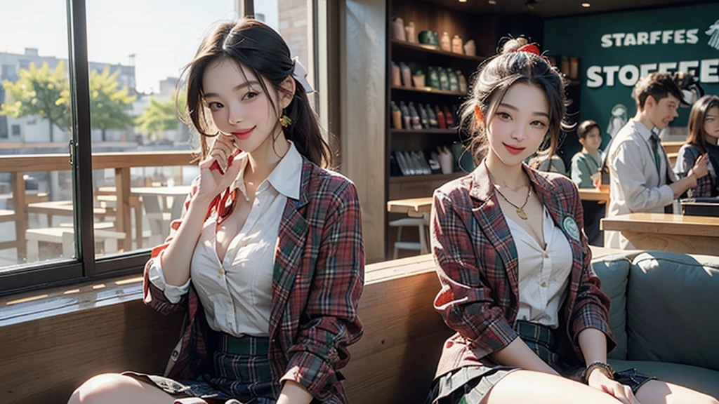 8K、RAW Photos、Highest quality、Super detailed、Super Resolution、Ultra HD、8K壁紙、Amazing details blazer uniform girl ((White blouse with formal collar, A nice red blazer, Black plaid skirt, Red checkered ribbon on blouse)), Complete limbs, Full Finger,
((((Inside the Starbucks store))))、16 year old female student、(((Eat cake、Drink coffee、smile)))、Heart Necklace、Gold bracelet
((Emphasize cleavage))
((((Woman sitting at the window seat))))